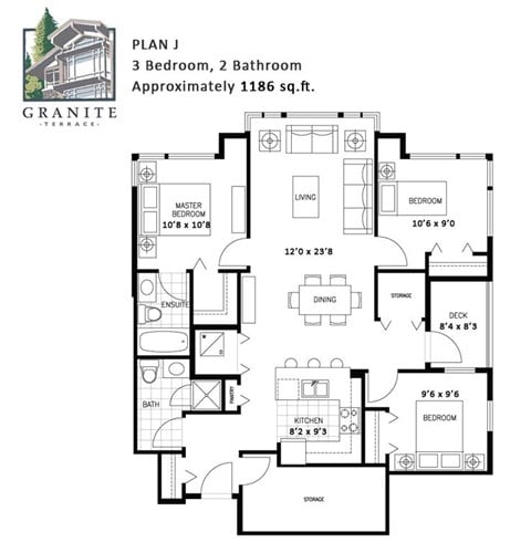 Floor plan for 3 beds, 2 baths, 1186 sqft